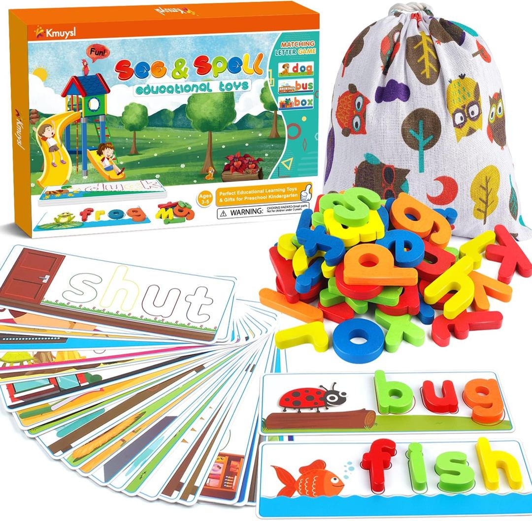 KMUYSL Learning Toys for 3 4 5 6 Years Old Boys and Girls - See & Spell CVC Word Builders with Alphabet Cards for Kids, Preschool Learning Activities Toys, Idea Birthday Gifts for Age 3-5 4-6 Kids
