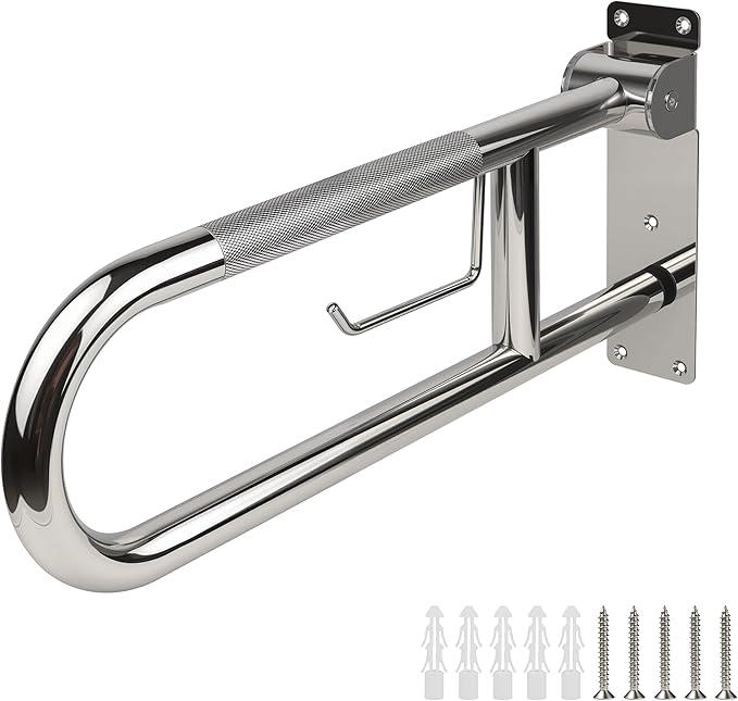 Handicap Grab Bar, 23.6 Inch Stainless Steel Toilet Safety Rails, Disabled Flip-Up Bathroom Grab Bars with Paper Holder, Anti-Slip Toilet Handrails Hand Grips Handicap Grab Bars for Elderly