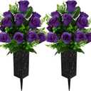 Artificial Cemetery Flowers, Grave Memorial Flowers, Set of 2 Artificial Rose Bouquet with Vase for Cemetery Headstones Gravesites Decoration (Purple)