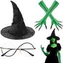4PCS Witch Costume Accessories Set Wicked Costume Witch Costume Accessories with Hat Gloves Glasses