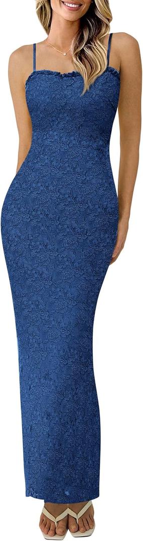 PRETTYGARDEN Summer Dresses for Women 2026 Lace Floral Bodycon Semi Formal Party Wedding Guest Boho Maxi Dress(Dark Blue,Medium) (Blue, M)