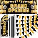 Fanfanwin 7 ft Black and Gold Grand Opening Banner with Pole Kit Advertising Feather Flag Decorations Grand Opening Store Sign Triangle Flags Set for Business Event Bar Restaurant Grocery Cafes Shop