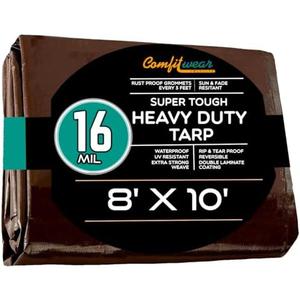 COMFITWEAR 16 MIL Heavy Duty Tarp Super Heavy Duty Tarp Cover 16 MIL Multi-Purpose Extra Heavy Duty Tarps Car Tarp Boat Tarp Camping Tarp General Purpose Waterproof Tarp Cover (8' X 10', Brown)