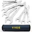Yiyeie 9Pc. Super-Thin Open End Wrench Set, Metric 5.5, 7, 8, 9, 10, 11, 12, 13, 14, 15, 16, 17, 19, 21, 22, 23, 24, 27 mm, CR-V Steel, Ultra-Slim Flat Wrench Set with Roll-up Pouch (Chrome Finish)