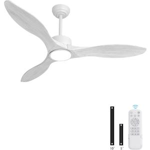 52 Inch White Ceiling Fan with Lights and Remote, Retro White Wood Low Profile Flush Mount Modern Ceiling Fan for Indoor Farmhouse Bedroom Living Room Outdoor Patio Porch, Reversible DC Motor