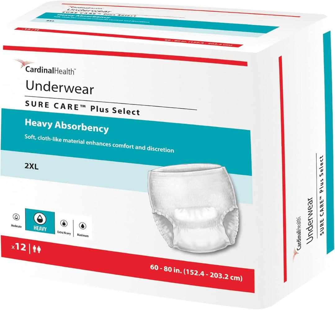 Cardinal Health™ Protective Underwear, SURE CARE™ Plus, Heavy Absorbency, XX-Large 60-80 in., Pull-On Adult Disposable Underwear with Tear-Away Seams, Cloth-Like & Discreet – Case of 48 (4 Bags of 12) (White, XXL)