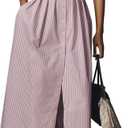 Womens Button Front Pleated Shirt Maxi Dress Short Sleeve Collar Striped Summer Casual Long Swing Blouse Dress (Medium, Purple)