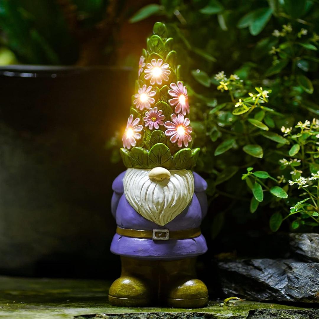 Nacome Solar Garden Outdoor Statues Gnome with Succulent and 7 LED Lights - Lawn Decor for Patio, Balcony, Yard Ornament for Mom Grandma Women