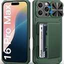 BXYJY for iPhone 16 Pro Max Wallet Case, Built-in Credit Card Holder (4-5 Cards), Slide Lens Cover, Military Protection, Rugged Heavy Duty Women Men Protective Phone Case for iPhone 16Pro Max, Green