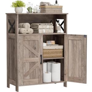 Homhedy Farmhouse Bathroom Storage Cabinet with Doors, Small Floor Cabinet | Toilet Paper Cabinet with Adjustable Shelf, Freestanding Storage Cabinet for Kitchen/Laundry/Living Room, 24"W, Greige
