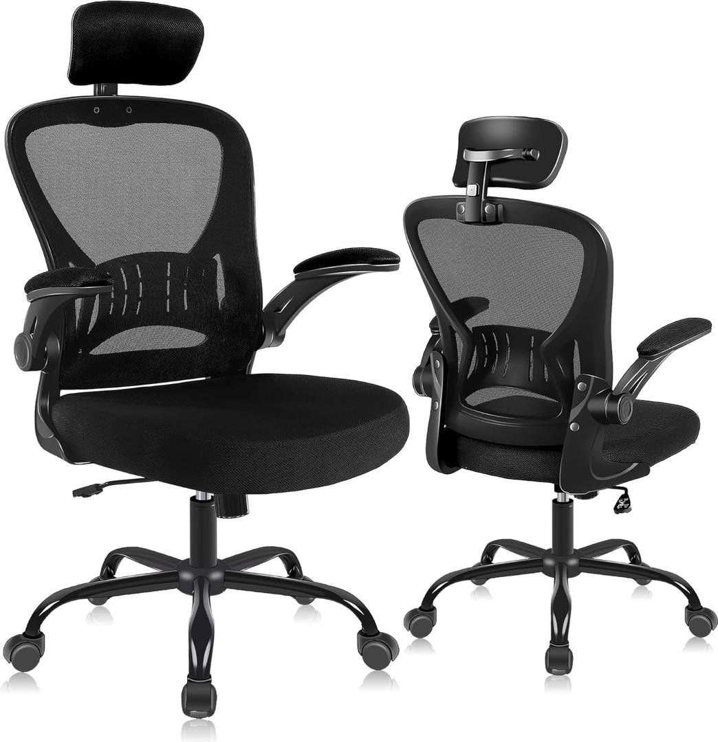 Ralex-Chair Ergonomic Office Chair with Adjustable Headrest & Lumbar Support, Computer Desk Chair with Flip-Up Armrests, Comfortable for Home, Office, Conference Room (Black)