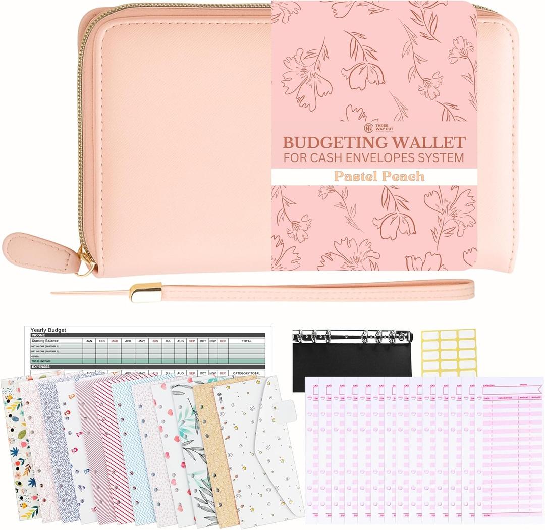Cash Envelope Wallet Pastel Peach - All in One Budget System with 12 Tabbed Cash Envelopes, 12 Monthly Budget Cards, Yearly Budget Planner Sheet Complete Money Organizer Set for Cash RFID Blocking