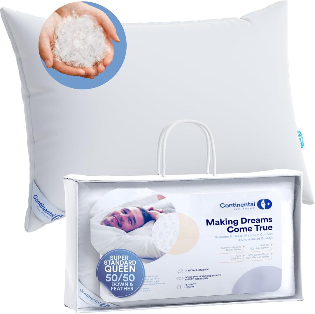 Continental Bedding Feather Goose Down Pillows - Luxury & Breathable Bed Pillows for Sleeping, Back, Side & Stomach Sleepers - Standard Queen Size, Pack of 1-50% Down & 50% Feather Filled Continental Bedding Feather Goose Down Pillows - Luxury & Breathable Bed Pillows for Sleeping, Back, Side & Stomach Sleepers - Standard Queen Size, Pack of 1-50% Down & 50% Feather Filled