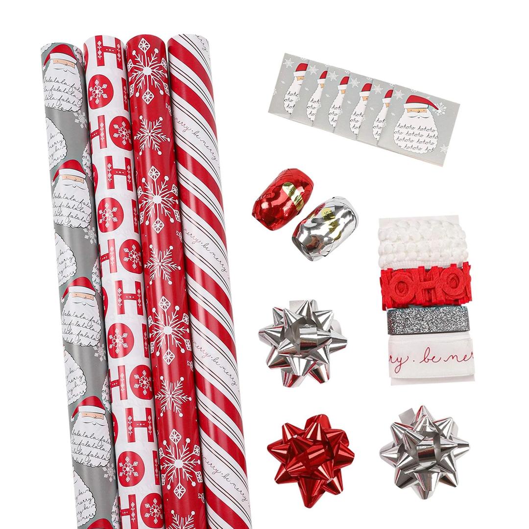 LaRibbons Christmas Wrapping Paper Set, Classic Santa & Snowflake & Plaid Design with Gift Bow & Ribbons & Tags, Perfect for Holiday, Season Party, 30 Inch X 10 Feet (4Rolls, 100 sq.ft.ttl.)
