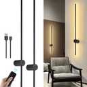 Battery Operated Wall Sconces Set of Two, USB Rechargeable Wall Lights with Remote Control, Dimmable LED Wall Lamp Indoor, 360degree Rotation Wireless Lights for Living Room Bedroom Hallway, Black, 39 inch
