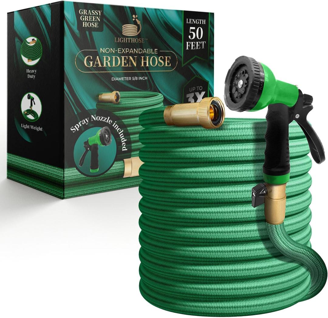 Garden Hose, NON-EXPANDABLE Garden Hose, Super Light Weight Hose, No Burst, 3/4 inch Solid Brass Connectors, 50 Ft, Grassy Green
