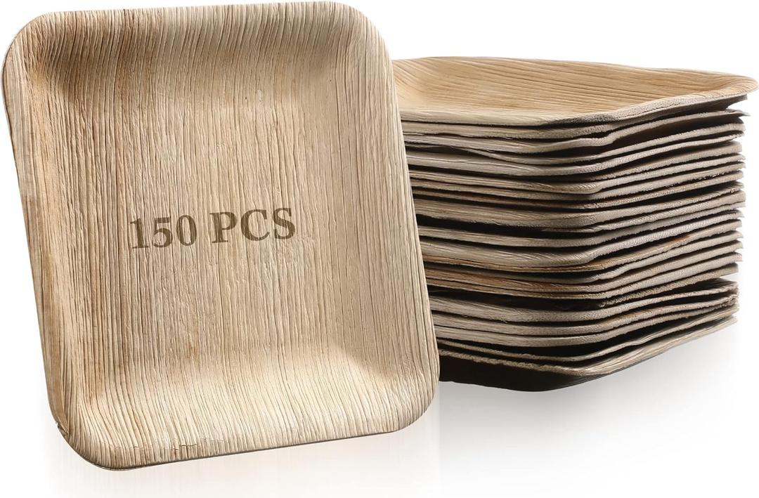 150 Pieces Palm Leaf Square Bamboo Plates Disposable Wood Dinnerware Set Leaf Plates for Weddings Catering Events Birthday Summer Party(6 Inch)