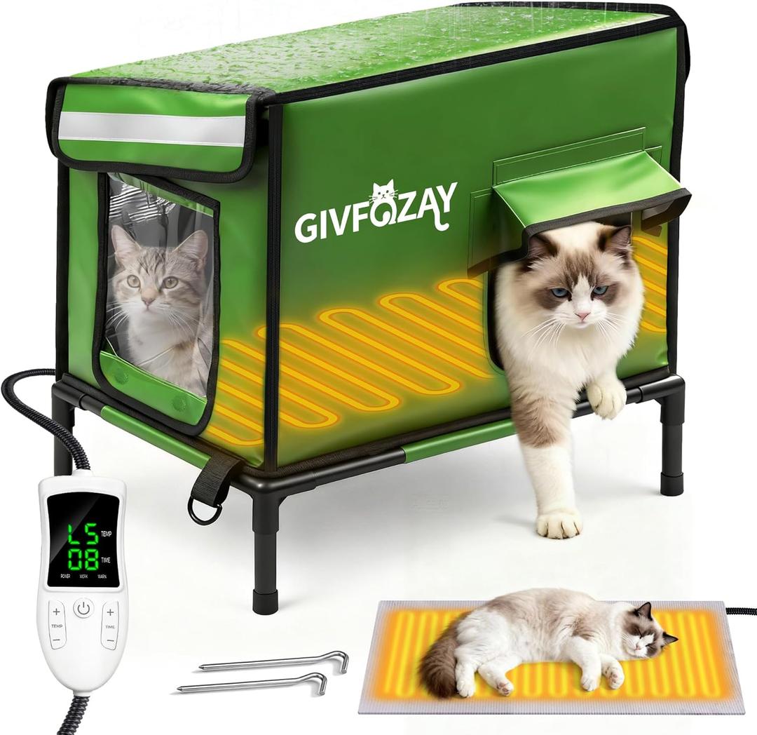 Heated Cat House for Outside use 900D Oxford Cloth, Outside Cat House Weatherproof with Remote Control Heating Pad, Insulated Cat Houses with Sloped Roof for Drainage, Raised Legs to Isolate Moisture