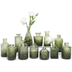 12pcs Glass Bud Vase Set, Small Green Flower Vases for Centerpieces in Bulk, Mini Vintage Vase for Wedding, Home,Table Decoration