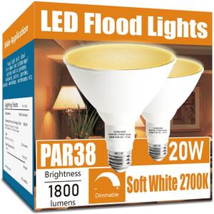 Gonhom Par38 led Flood Lights Outdoor Light Bulb,Dimmable 1800LM,20W Replace up to 200W,Outdoor Flood Light Bulbs for Backyard,Garage,Porch,Garden,2 Pack 2700K Warm Light