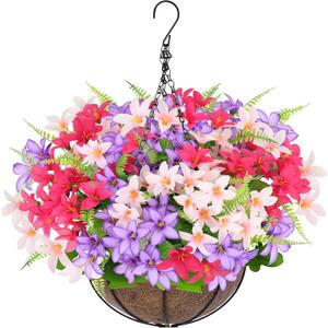 Artificial Faux Hanging Plants Flowers Basket for Outdoors Spring Summer Decoration, Hanging Planters with Fake Silk Hyacinth Flower UV Resistant for Outside Porch Patio Balcony Garden Purple Fuchsia