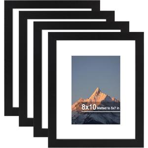 8x10 Picture Frame Set of 4, High Definition Real Glass, Display Pictures 5x7 with Mat or 8x10 Without Mat, Gallery Wall Hanging or Tabletop Photo Frames, Black