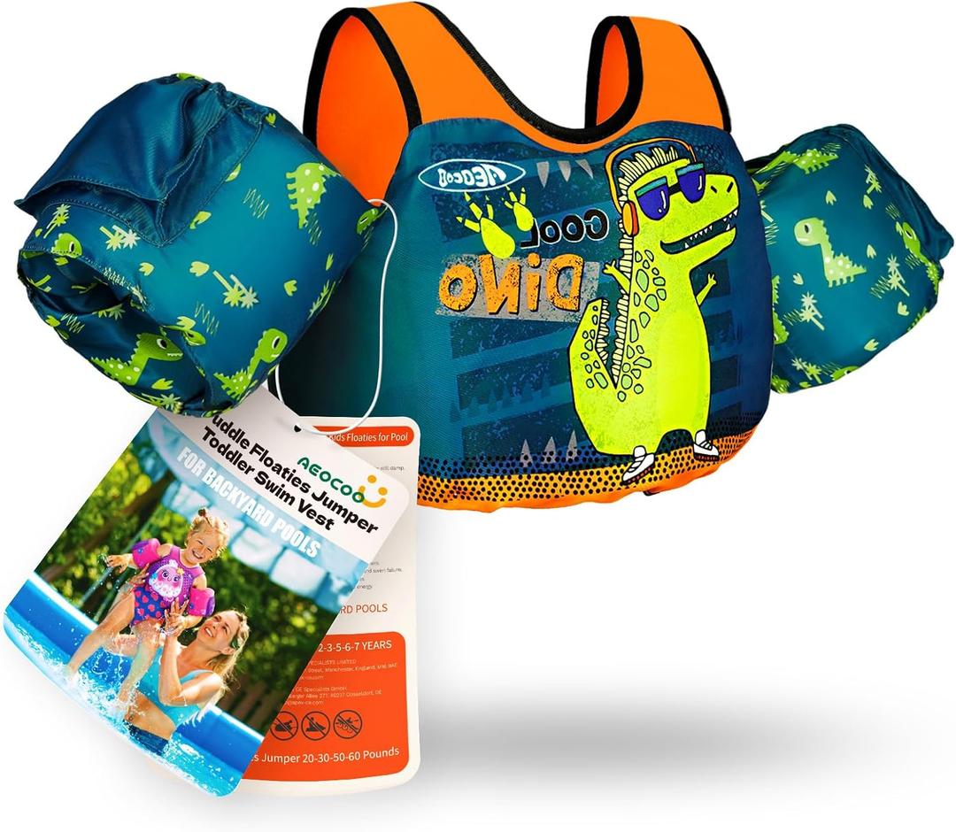 AEOCOO Puddle Float Jumper 20-30-50-60-70 Pounds, Toddler Swim Vest for 1-3-5-6-9 Years Old, Pool Floats with Swimming Arm Floaties Swim Jacket & Water Wings for Kids Swimmies, Boys, Girls, Nios