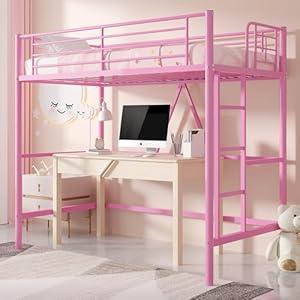 VECELO Metal Loft Bed Twin Size, Heavy Duty Bedframe with Removable Ladder and Safety Guardrail, Space-Saving, Noise Free, No Box Spring Needed, Light Pink