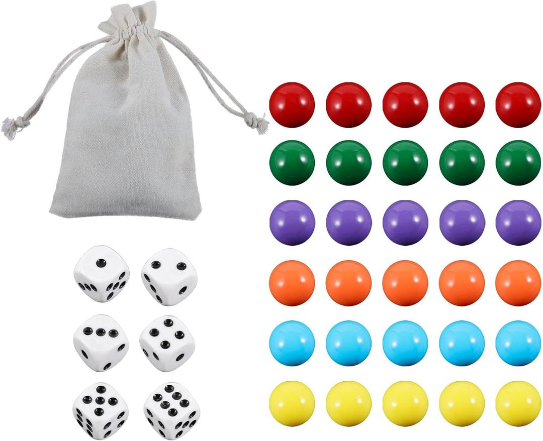 30Pcs 14MM Wahoo Board Game Replacement Marbles 6 Colors Aggravation Marbles with 6 Dices and 1 Storage Bag for Aggravation Wahoo Board Game