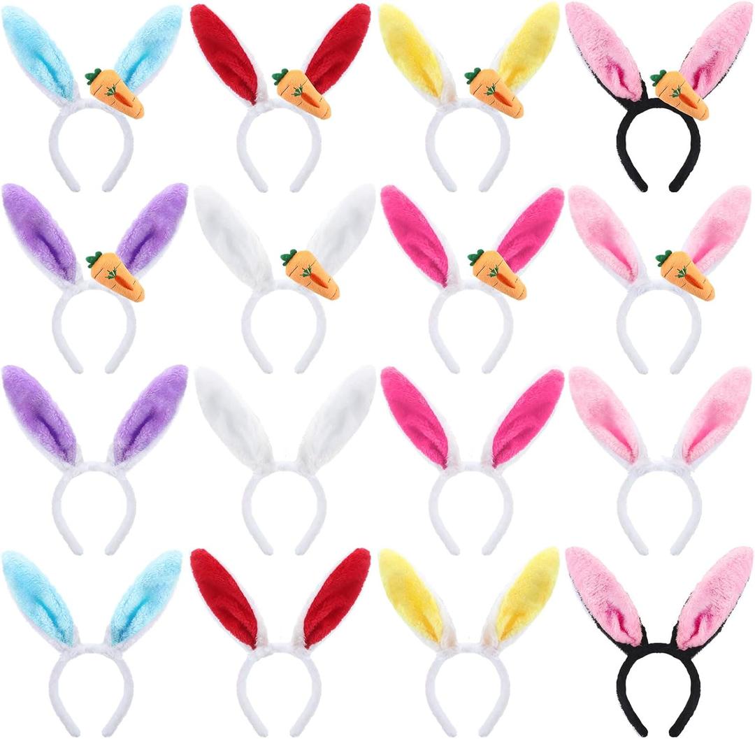 XunYee 16 Pieces Easter Bunny Ears Bulk Bunny Headband Plush Rabbit Ears with Carrot for Women Easter Costume Party Favor