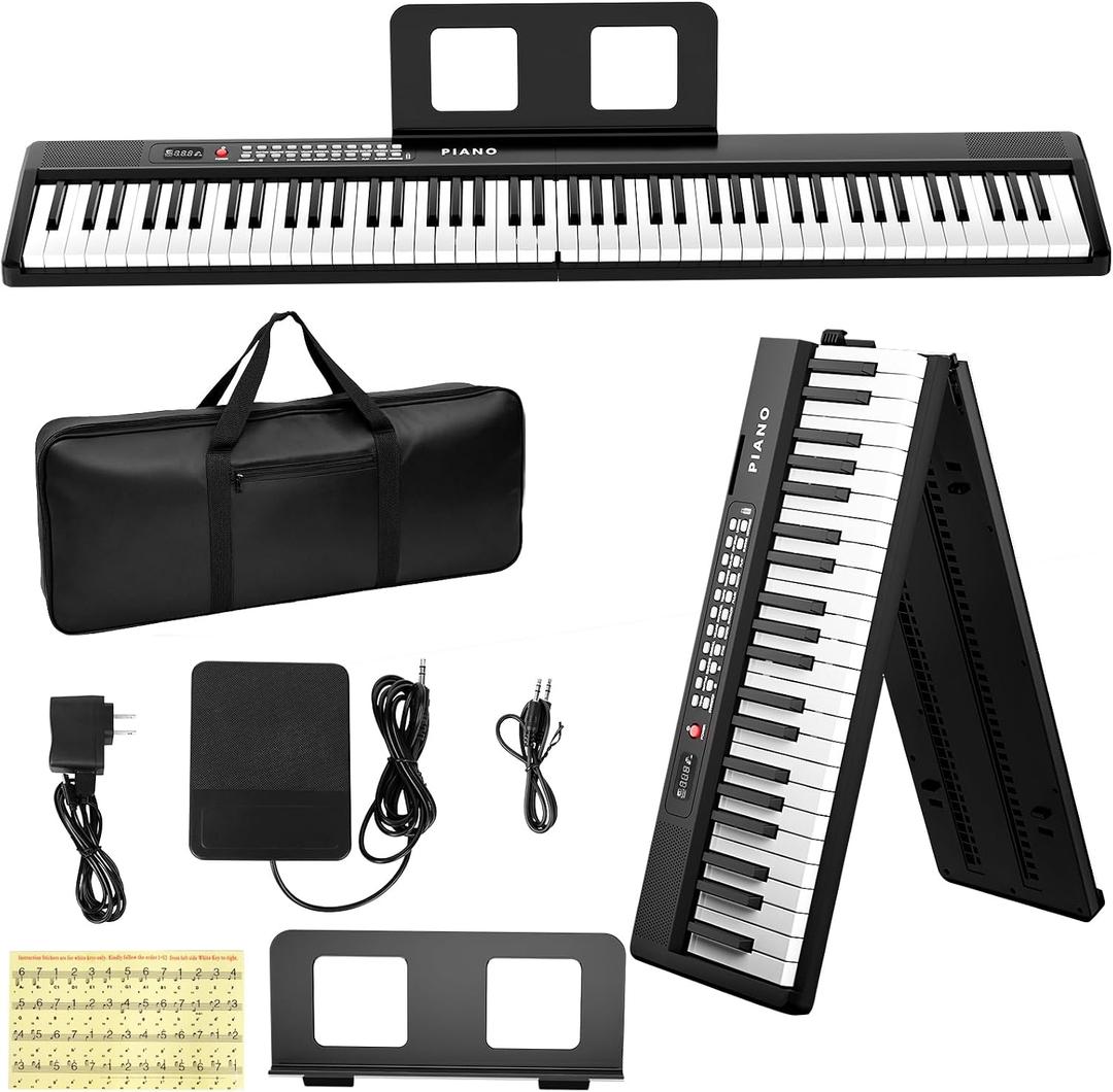 Electronic 88 Key Piano Keyboard,Bluetooth Foldable Full Size Semi-Weighted Digital Pianos with Power Adapter,Pedal,Sheet Music Stand,Sticker,Bag,Gift for Beginners,Black