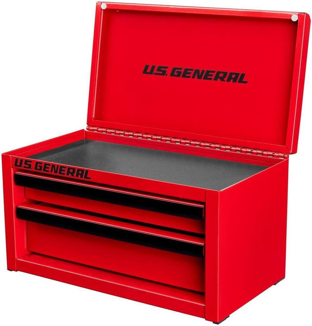 U.S. GENERAL U.S. GENERAL MINI STEEL TOOLBOX, 2 Drawers with magnetic locking mechanism and Top Storage, PVC Liners, Black Trim. (1, RED)