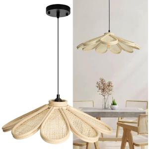 Natural Rattan Pendant Light, Boho Petal Hanging Light Fixture, Ideal for Kitchen, Entryway, Dining Room, Bedroom, Living Room, Easy Assembly (Large)