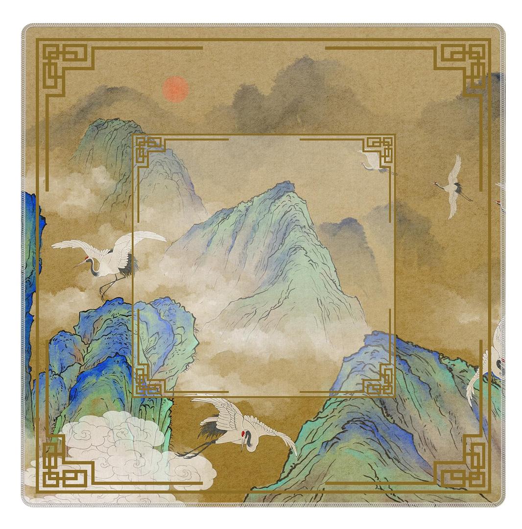 BNHJKFQZ Vintage Chinoiserie Mahjong Mat 31.5" x 31.5", Oriental Chinese Mountain Landscape Non-Slip Noise Reduction Mahjong Table Cover Accessories for Dominoes Poker Card Board and Tile Games Gifts