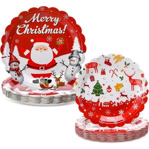 Havawish 60 Pcs Red Santa Paper Plates Merry Christmas Party Decorations Disposable Xmas Plates Snowman Paper Table Dinnerware Set for Christmas Holiday Party Table Decor