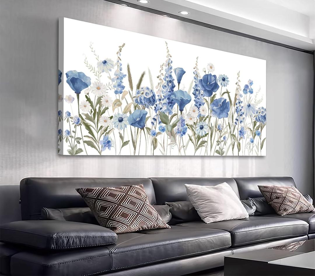 arteWOODS Elegant Flowers Wall Art - Blue White Botanical Pictures for Wall Decor Floral Blossom Canvas Painting Print Artwork for Living Room Bedroom Home Office Wall Decoration 24" x 48"