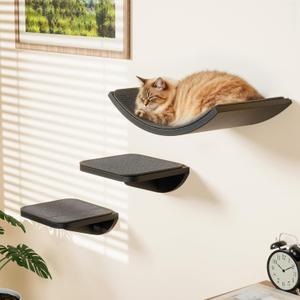 Cat Wall Shelves for Large Cats Set, Grey Curved Wall Sisal Bed and 2 Floating Wall Sisal Steps, Wall Mounted Climbing Shelves for Sleeping, Playing, and Lounging (Combo 3 in 1)
