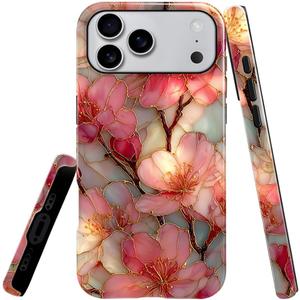 Compatible with iPhone 17 Pro Max Case,Glossy Case All-Round Protection Shockproof Anti-Scratches TPU Cover,Cases for Man Woman-Blossoms Pink Flower Stained Glass