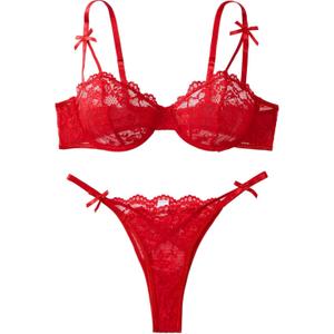 Lilosy Sexy Underwire Cute Push Up Strappy Embroidered Mesh Sheer Lingerie Set See Through Panty Bra, XL