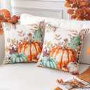 3 x Artscope Fall Decorative Throw Pillow Covers 18x18 Inch Set of 2, Watercolor Pumpkin Fallen Leaves Outdoor Farmhouse Pillow Cases for Home Sofa Couch-Green Orange