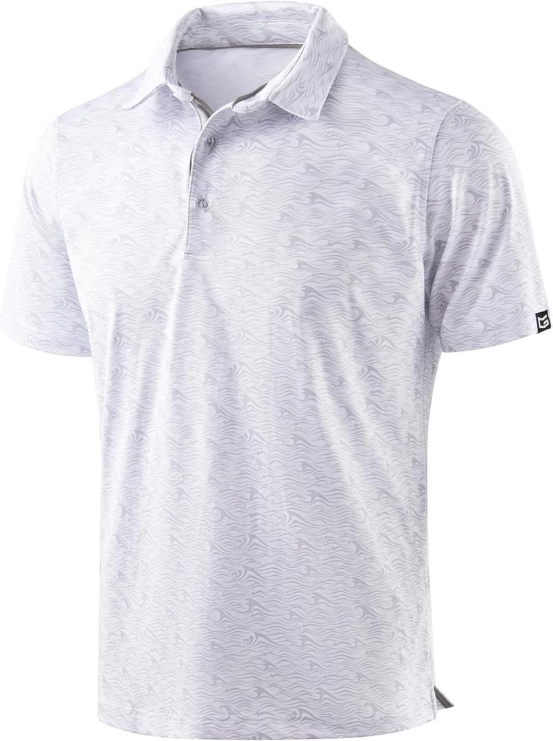 Men's Golf Shirt Short Sleeve Dry Fit Polo Moisture Wicking Print Collared Golf Shirts for Men Casual Lightweight (White, L)
