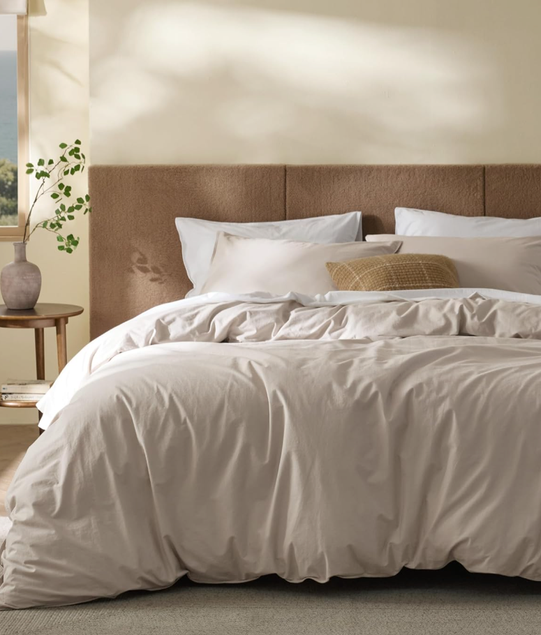 Bedsure Cotton Duvet Cover Queen Size - Luxury Slub Weave 100% Cotton Duvet Cover with a Linen-Like Textured, Easy Change Durable Bedding, Ivory, 90" x 90" 