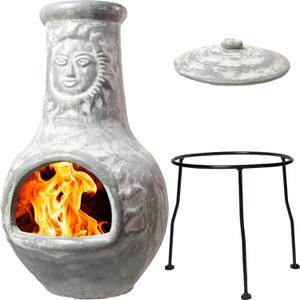 Wiosi Medium Chiminea Outdoor Fireplace Grey Clay Chimineas with Chimney Rain Lids and Solid Metal Stands - Grey Terracotta Chimenea - Rustic Fire Pit Chimnea 16 x 16 x 32-inch (Gray)