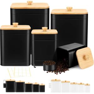 Buryeah 5 Pcs Black Kitchen Canisters for Countertop with Labels Airtight Metal Containers Coffee Tea Sugar Flour Jars with Spoon Farmhouse Big Food Storage Set for Kitchen
