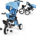 JMMD Baby Tricycle, 7-in-1 Folding Kids Trike with Adjustable Parent Handle, Safety Harness & Wheel Brakes, Removable Canopy, Storage, Stroller Bike Gift for Toddlers 18 Months - 5 Years(Blue)
