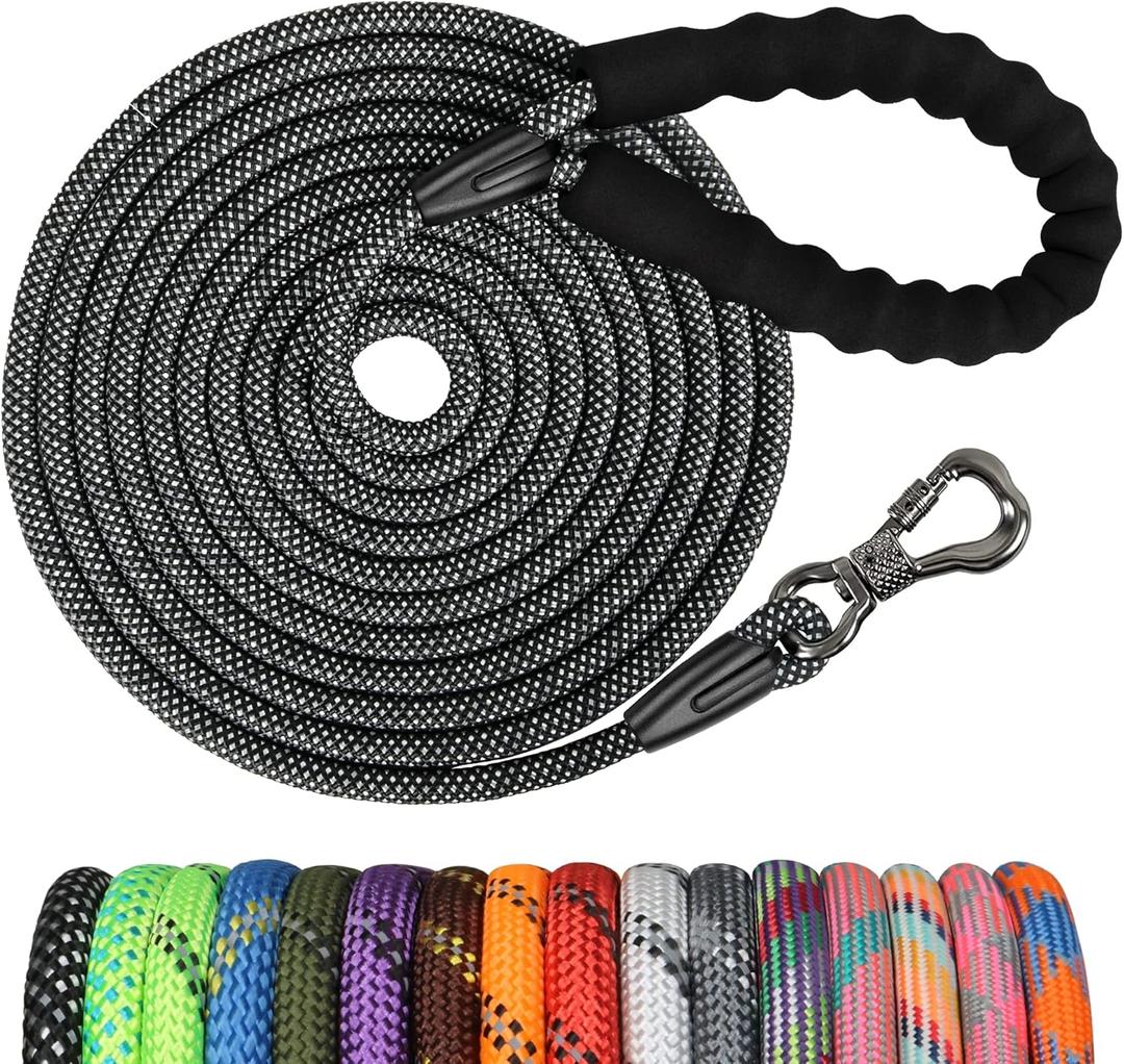 NTR Long Dog Leash, 20FT Check Cord with Swivel Lockable Hook and Comfortable Padded Handle for Reflective Dog Leash for Small Medium and Large Dogs Walking Training Hiking Camping Playing (20ft*1/3", Black)
