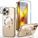 [Tri-Shield Protection] for iPhone 13 Pro Max Case with 360 Spin Stand Compatible with MagSafe [Magnetic CD Ring] [Screen & Camera Lens Protector] Shockproof Plating Never-Yellowing, Gold-6.7"