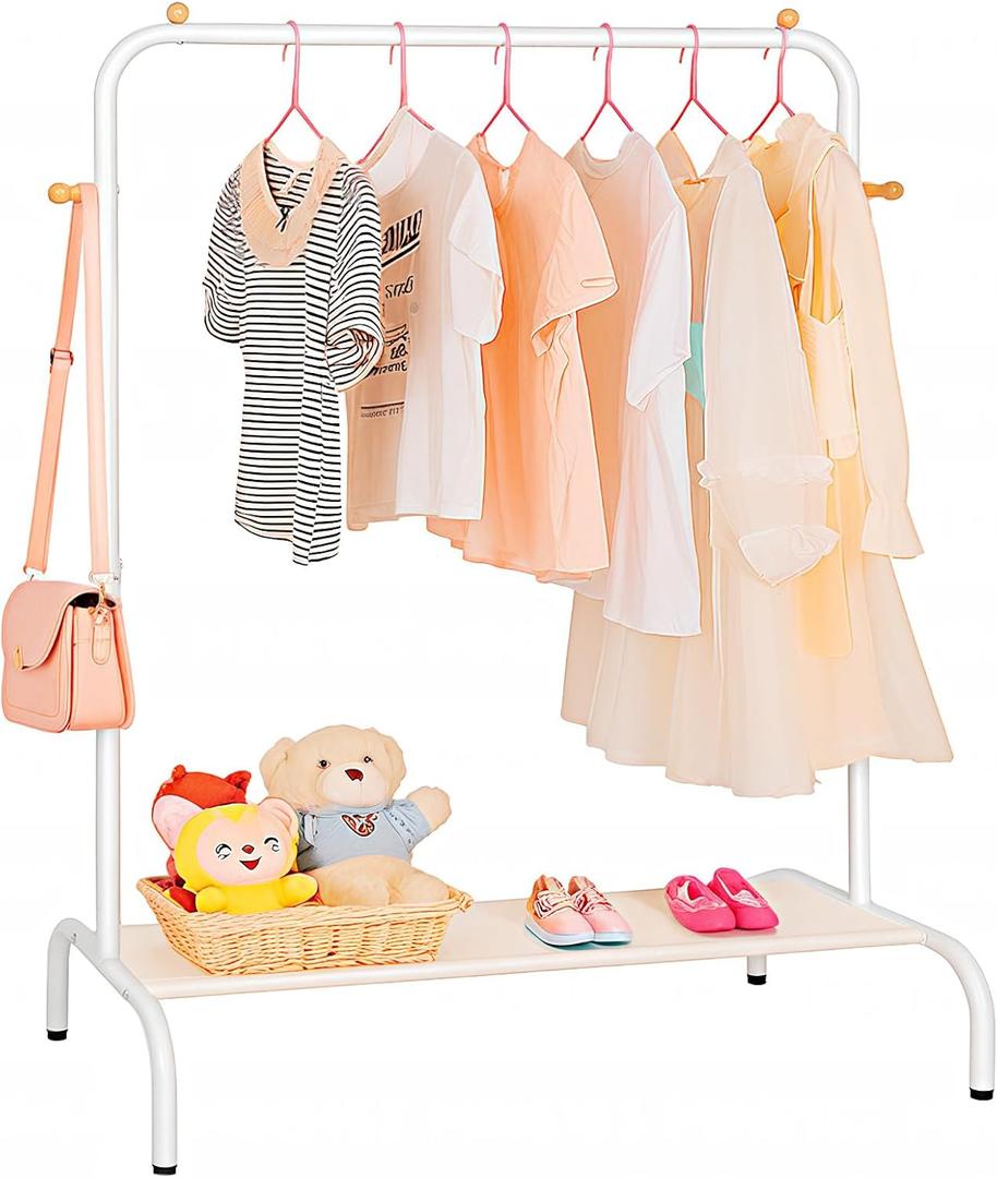 Kids Clothing Rack - Garment Rack with Bottom Storage Shelf for Children, Small Baby, & Toddler, Clothes Organizer, Shirts, Dresser, Hat, Backpack, Bedroom, White
