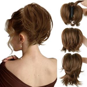 Short Straight Claw Clip Ponytail Extension with 4 DIY Bendable Metals, Synthetic Messy Bun Hair Piece for Women, Heat Resistant Fake Hairpieces for Fast Styling, Dark Brown Mix Highlight (8 Inch)