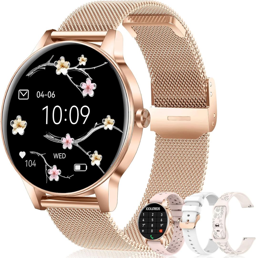 1.27'' Smart Watches for Women (Answer/Make Calls), Activity Fitness Tracker with 130+ Sport Modes, 24/7 Heart Rate, Sleep Monitor, 4 Watch Bands,Waterproof Smartwatch for Android & iPhone, Rose Gold